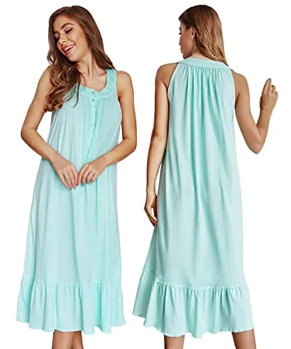 100% Cotton Nightgowns for Women Soft Ladies Gowns Sleepwear Long Sleeveless Nightgown Green XXL