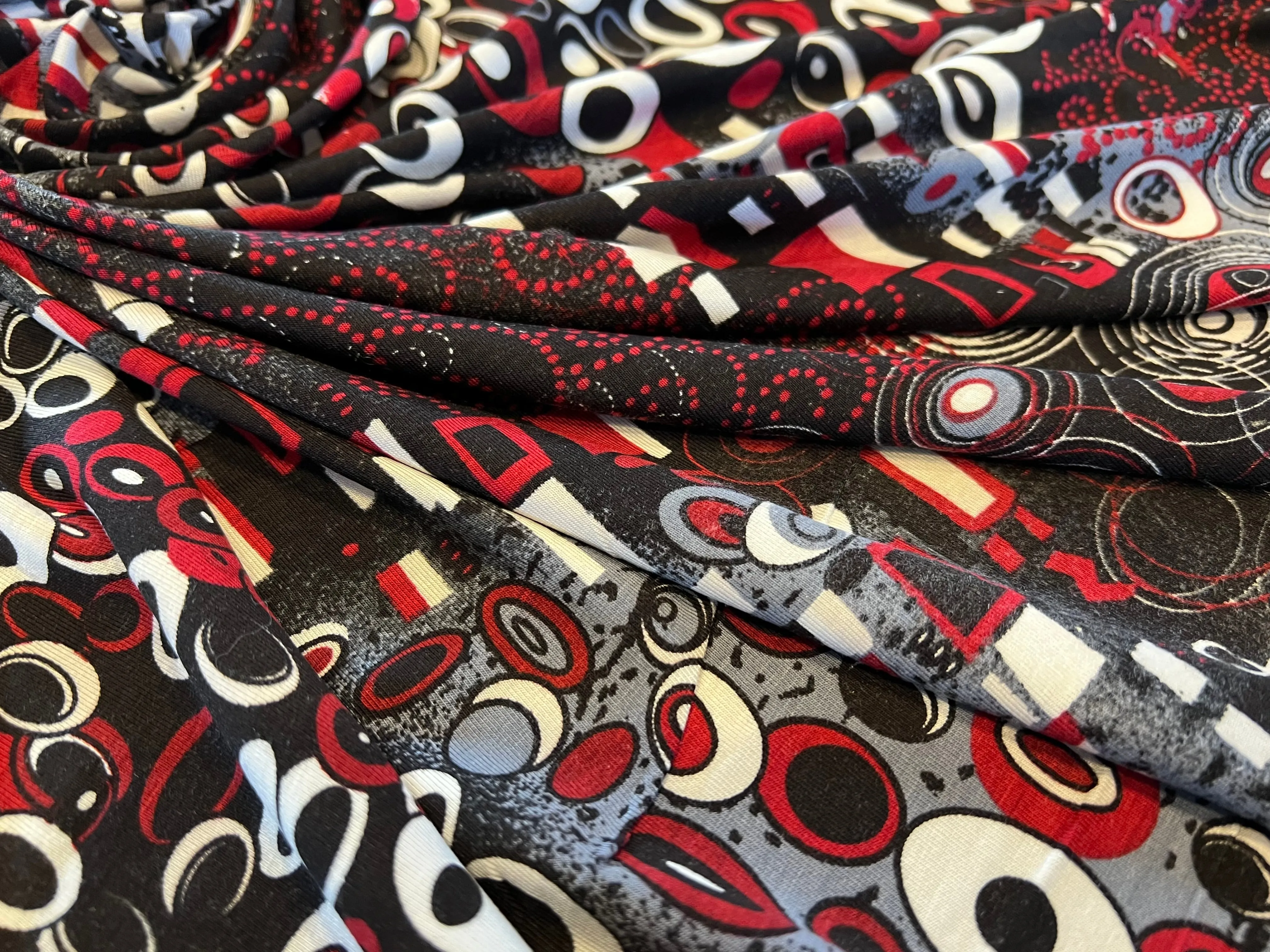 #1057 Black Red & White modern geometric 95% Cotton 5% Elastane two way stretch  Remnant