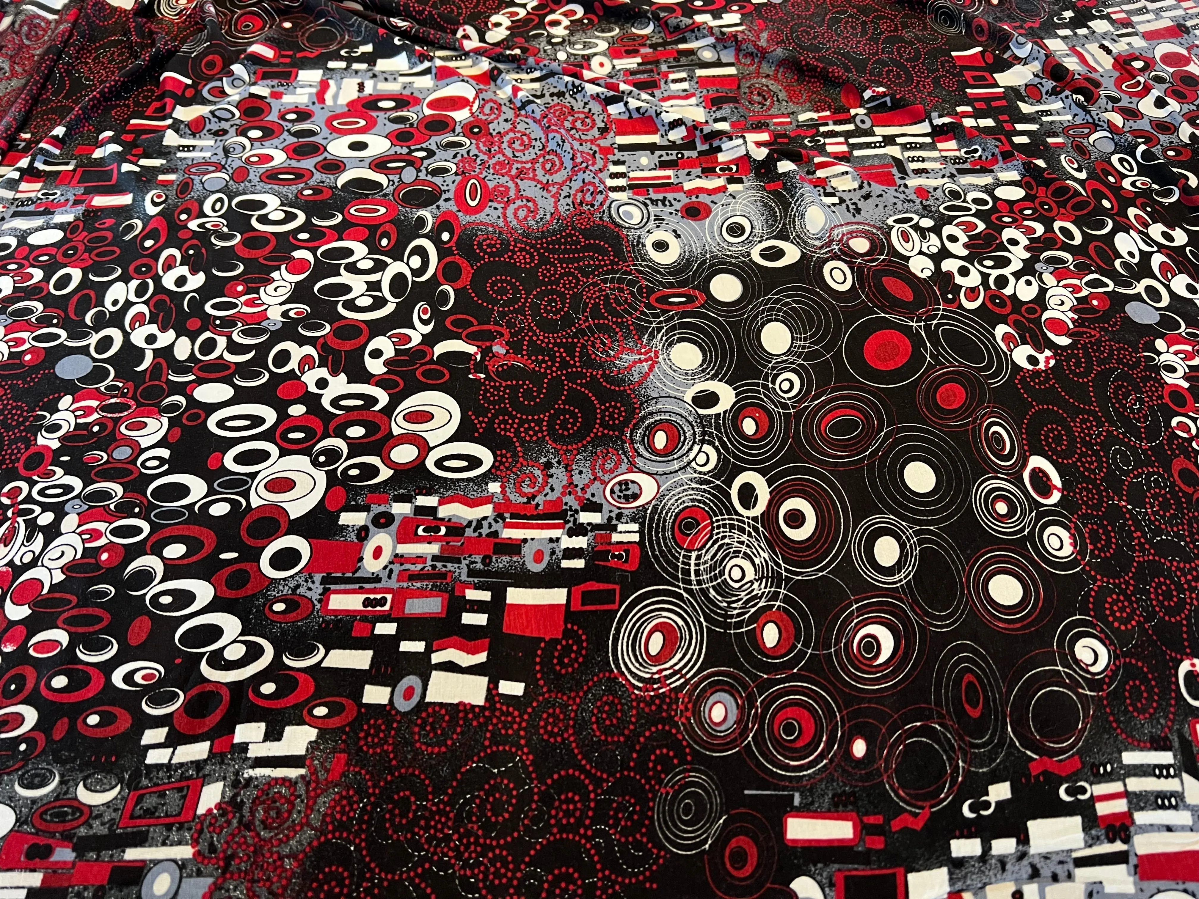 #1057 Black Red & White modern geometric 95% Cotton 5% Elastane two way stretch  Remnant