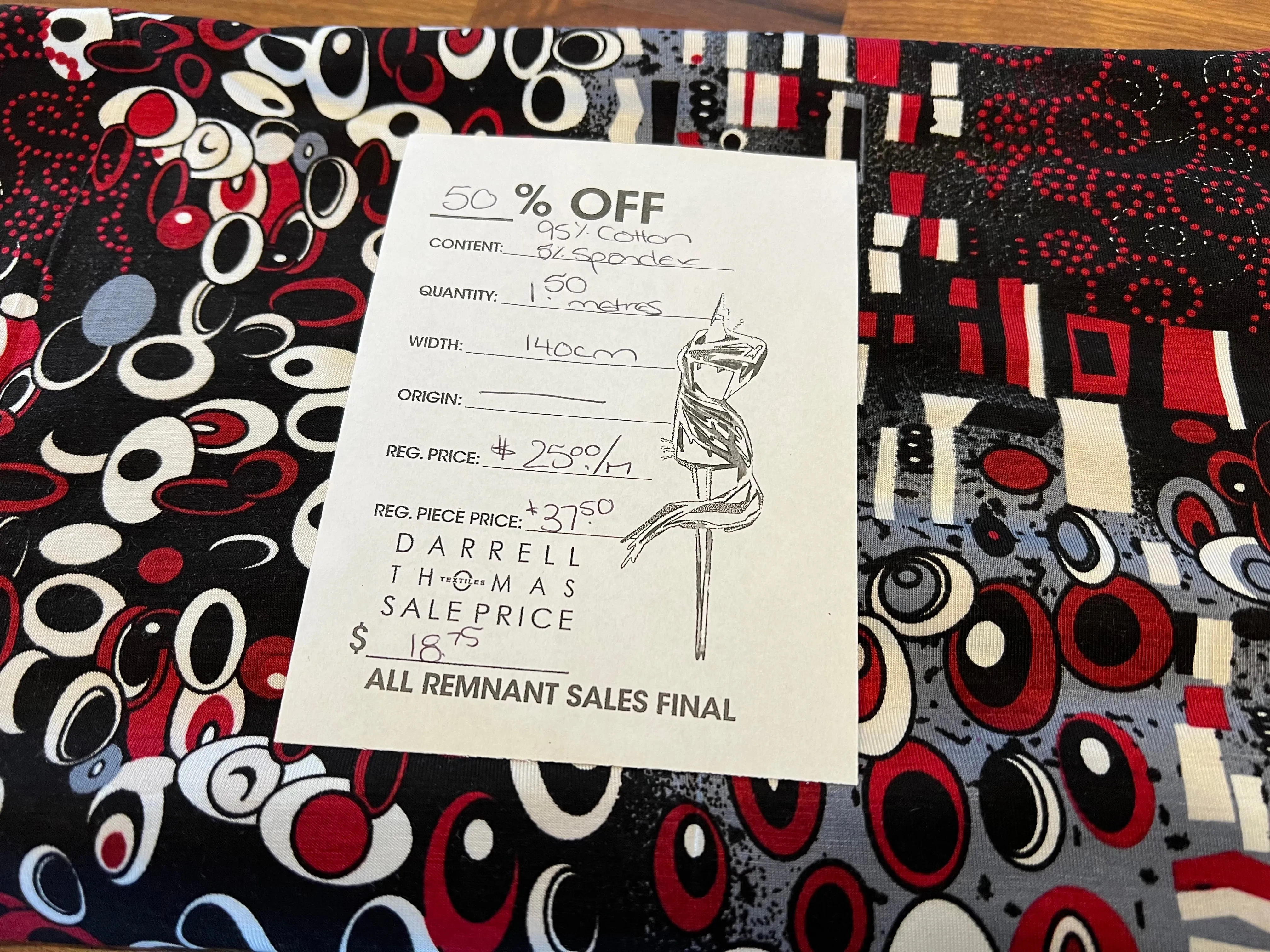 #1057 Black Red & White modern geometric 95% Cotton 5% Elastane two way stretch  Remnant