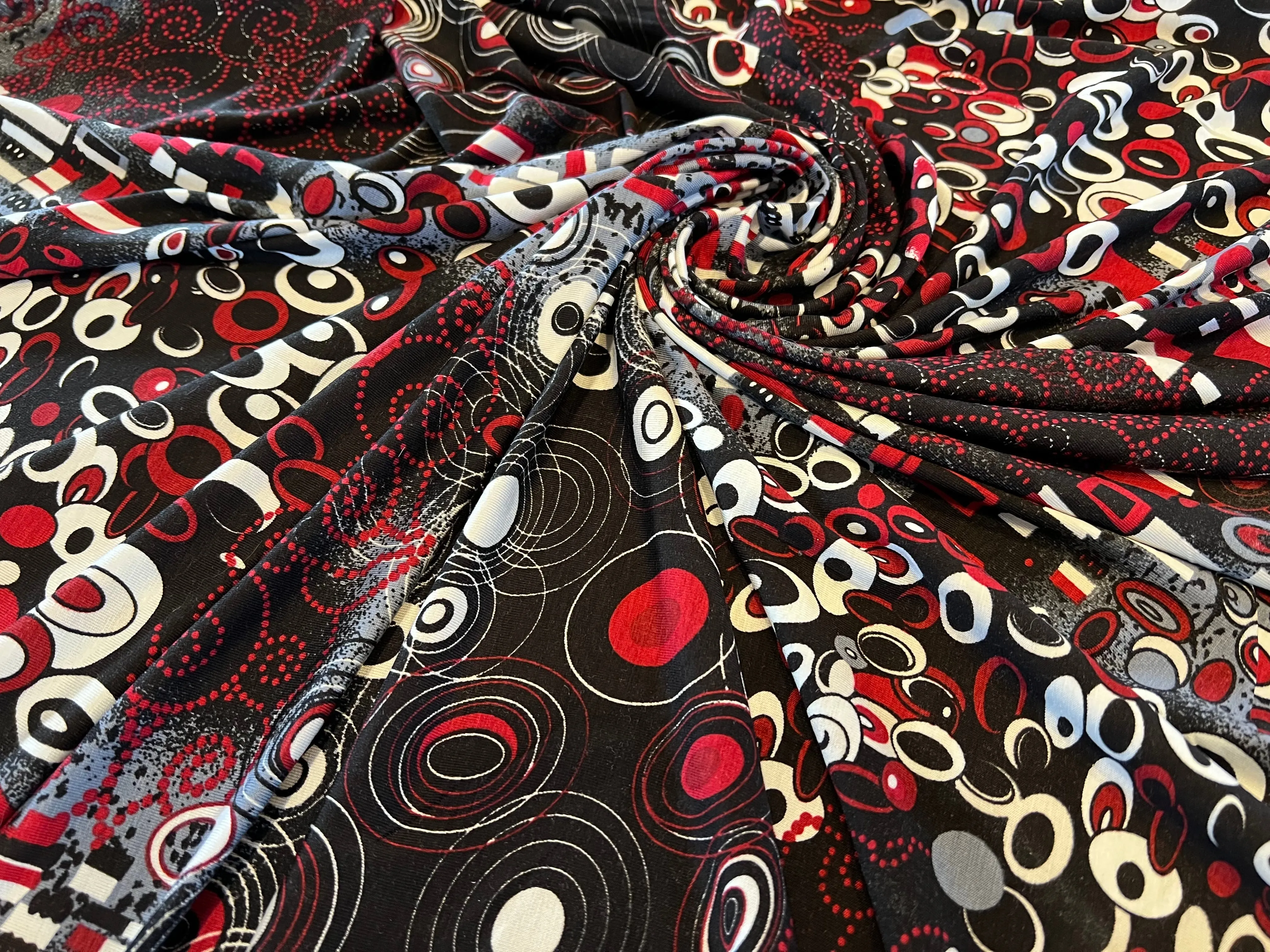 #1057 Black Red & White modern geometric 95% Cotton 5% Elastane two way stretch  Remnant