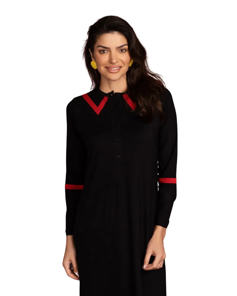 1106 Mock Collar Black Button Down Cotton Nightgown