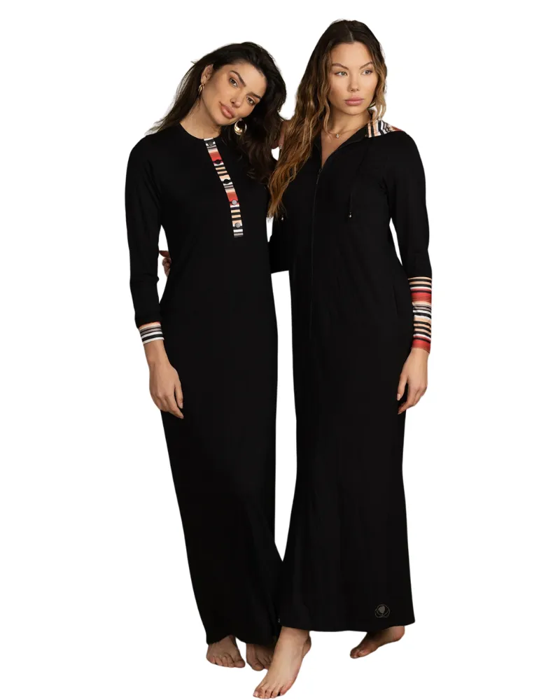 1116 Striped Trim Black Button Down Cotton Nightgown