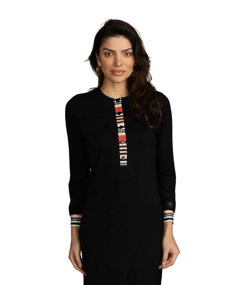 1116 Striped Trim Black Button Down Cotton Nightgown