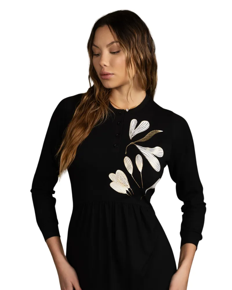 1121 Leaf Print Black Button Down Cotton Nightgown
