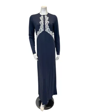 12957 Carbon Blue Wing Style Lace Trim and Cuff Cotton Button Down Nightgown