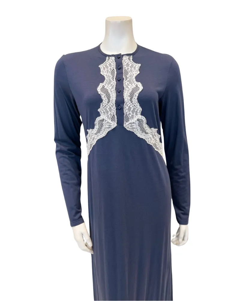 12957 Carbon Blue Wing Style Lace Trim and Cuff Cotton Button Down Nightgown