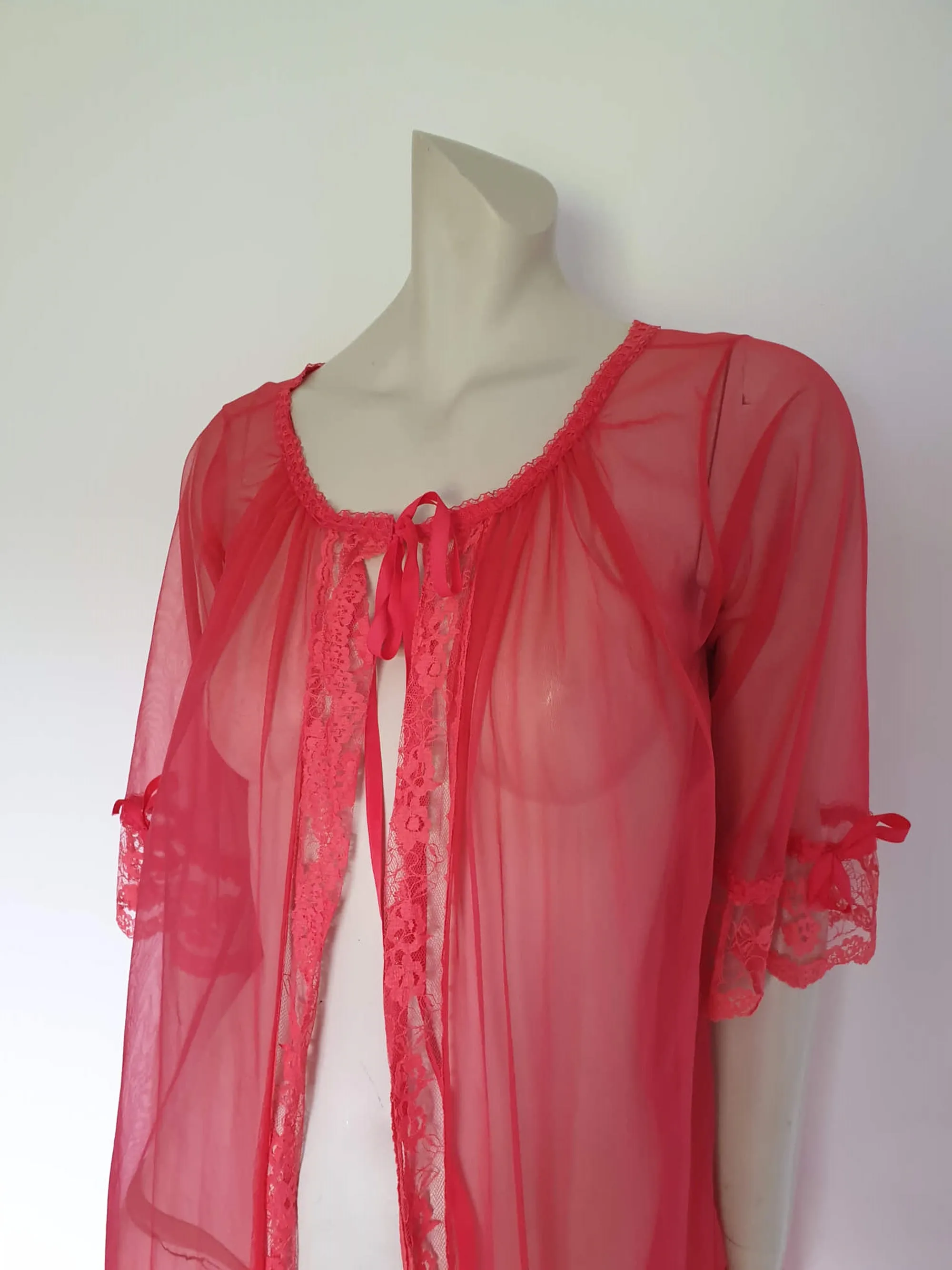 1960s Sheer Red Robe, Peignoir - M