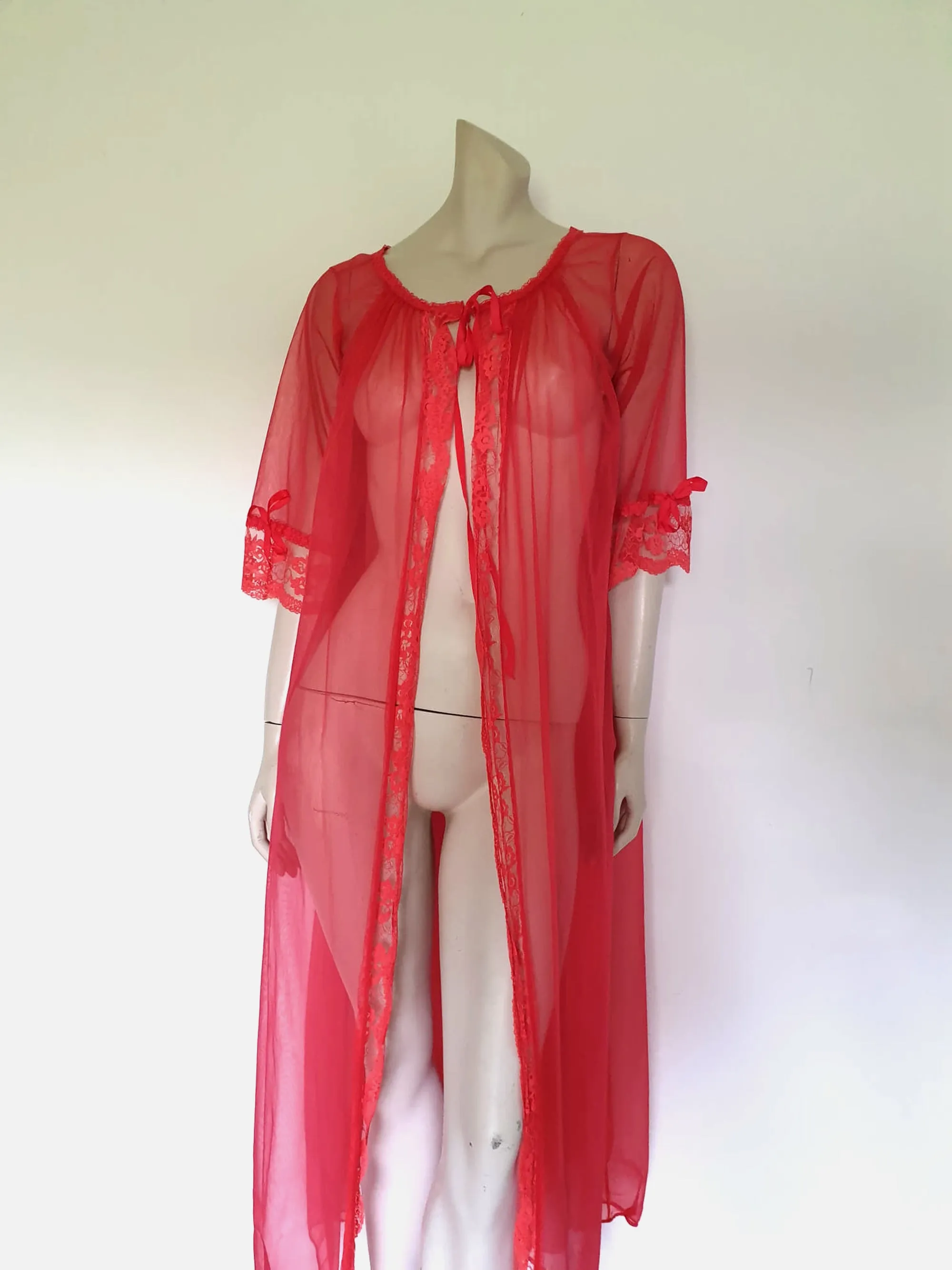 1960s Sheer Red Robe, Peignoir - M
