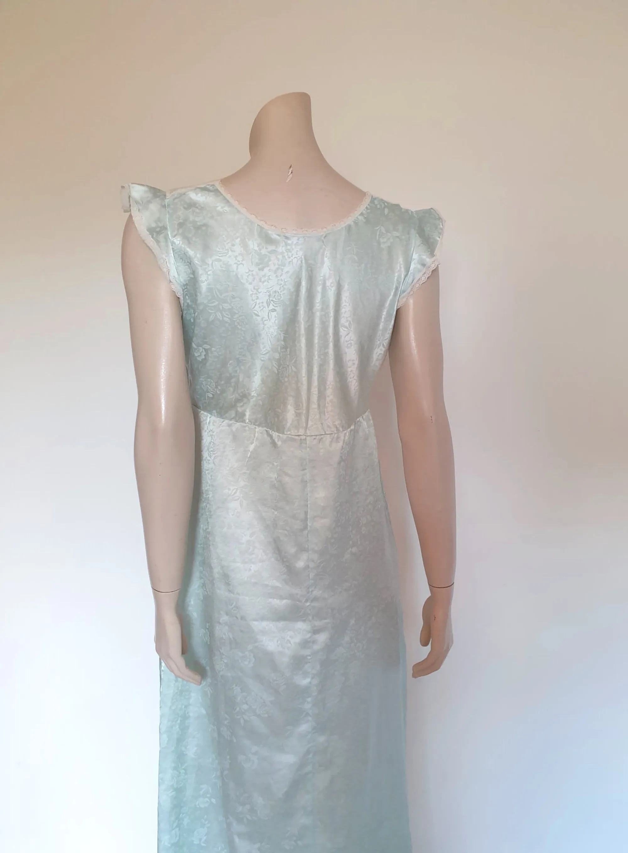 1980s Aqua Satin Damask Nightgown by Diamond Cut