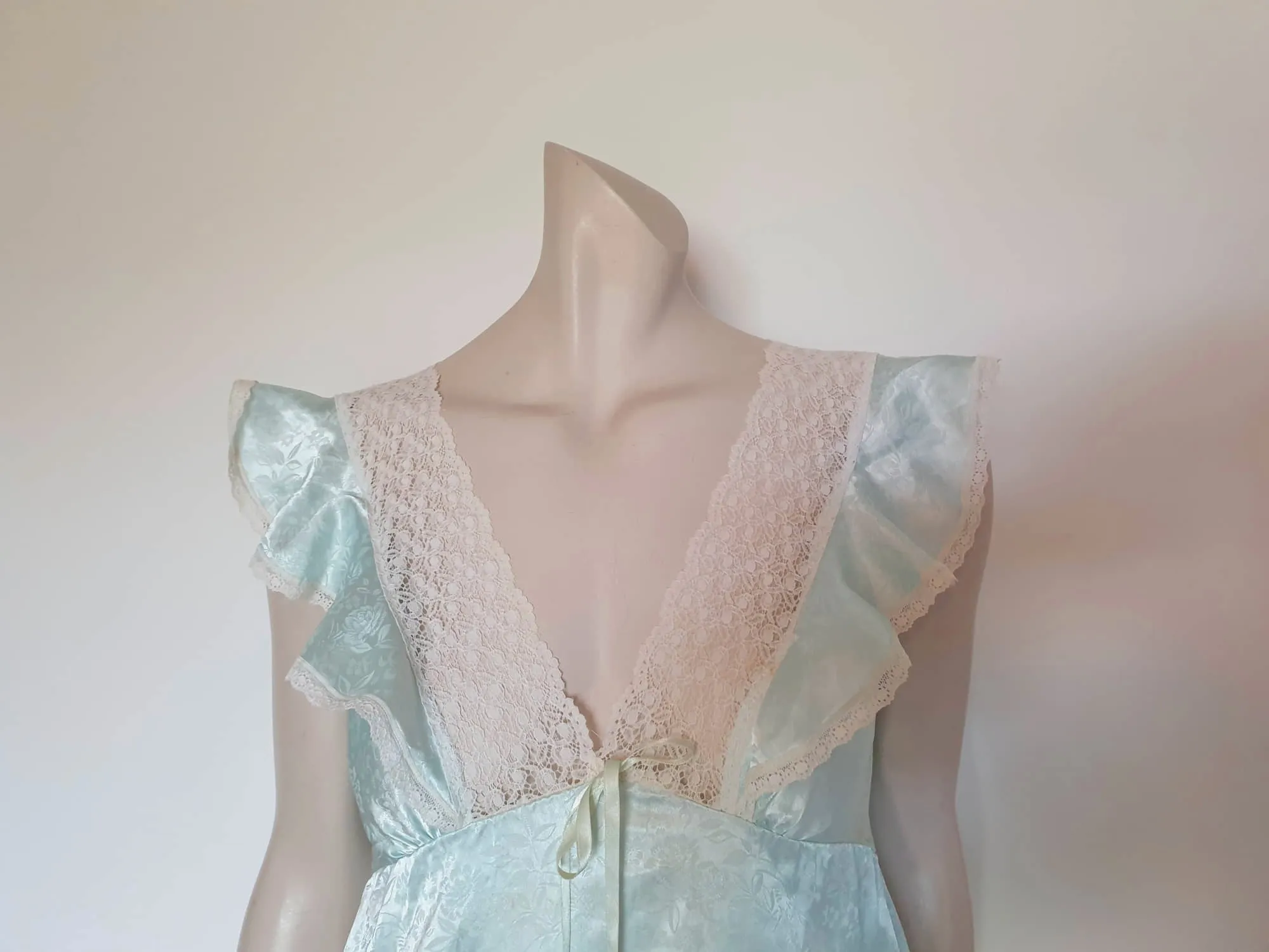 1980s Aqua Satin Damask Nightgown by Diamond Cut