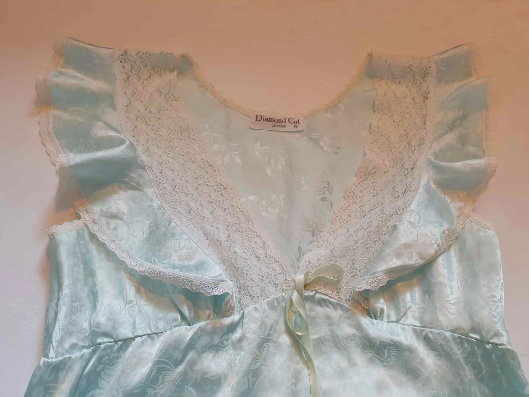 1980s Aqua Satin Damask Nightgown by Diamond Cut