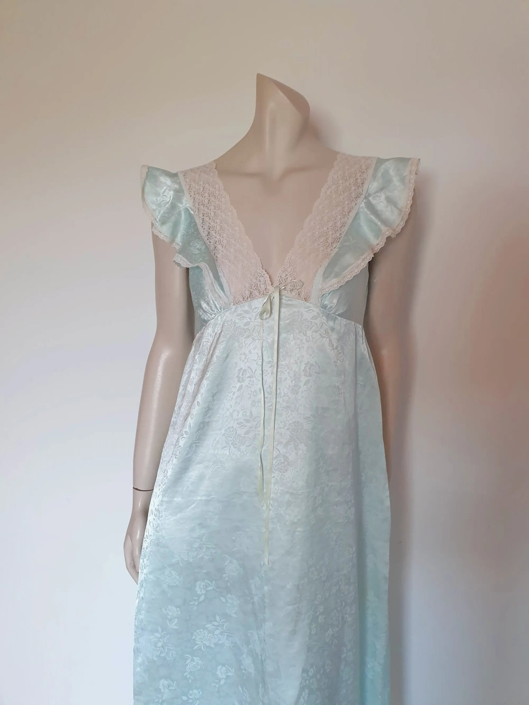 1980s Aqua Satin Damask Nightgown by Diamond Cut