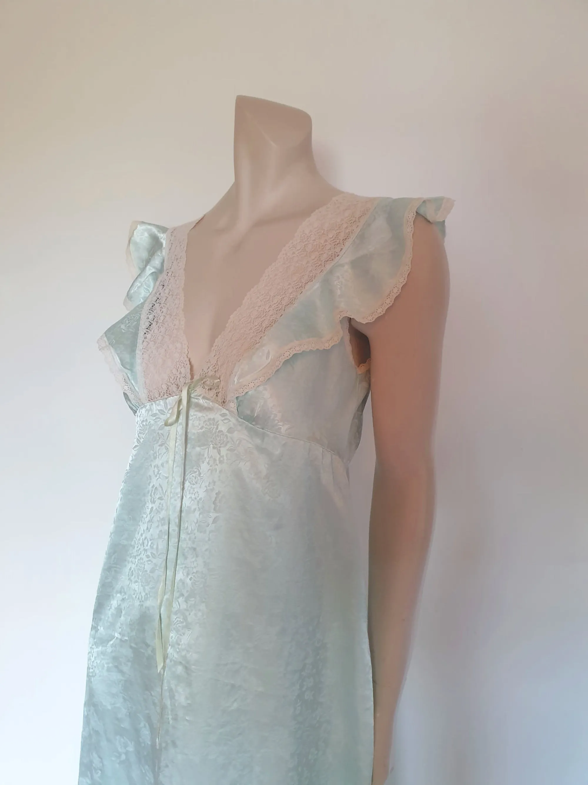1980s Aqua Satin Damask Nightgown by Diamond Cut