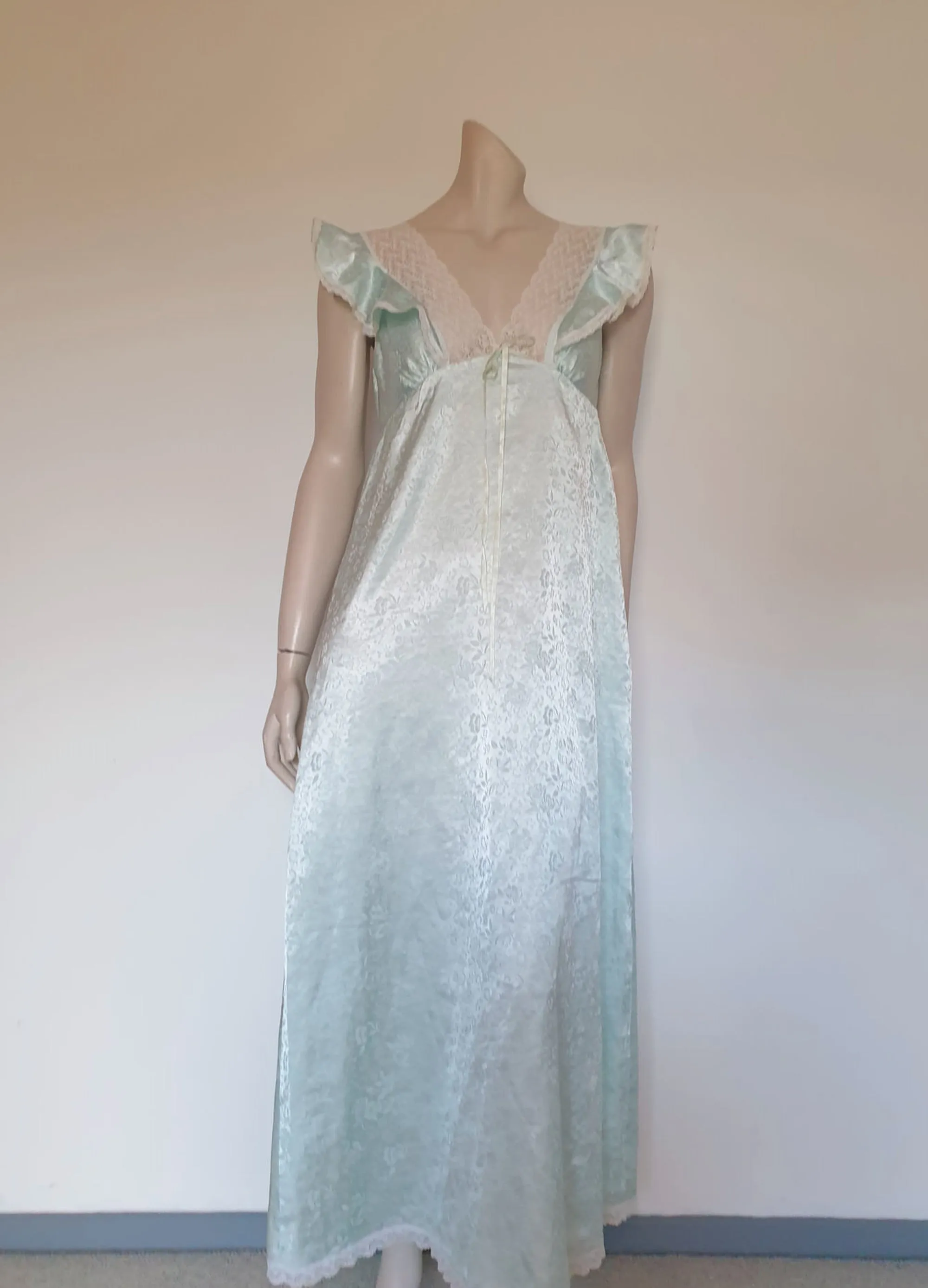 1980s Aqua Satin Damask Nightgown by Diamond Cut