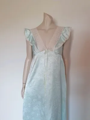 1980s Aqua Satin Damask Nightgown by Diamond Cut