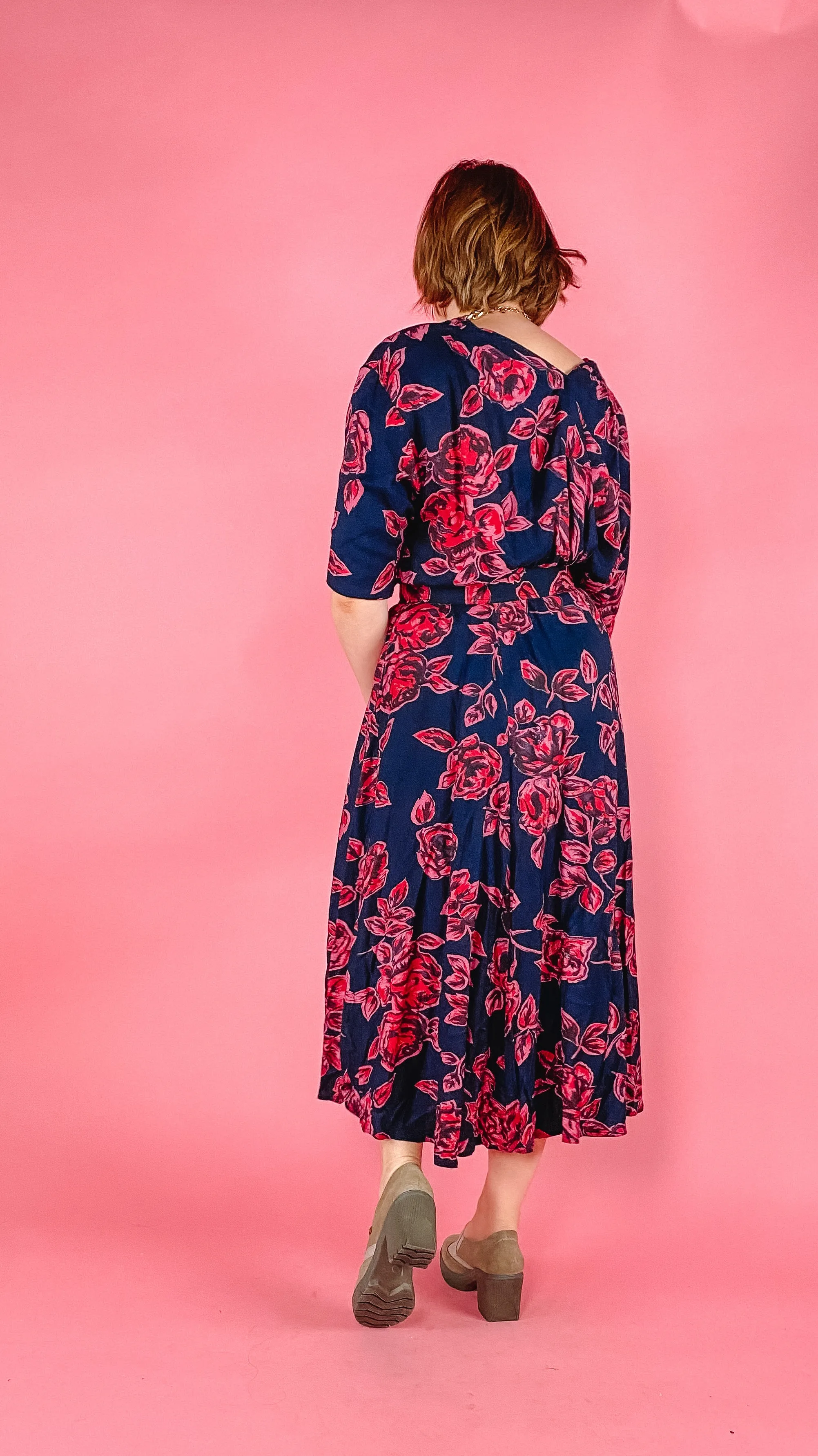 1980s Navy Rose Print Midi Dress, sz. L/XL