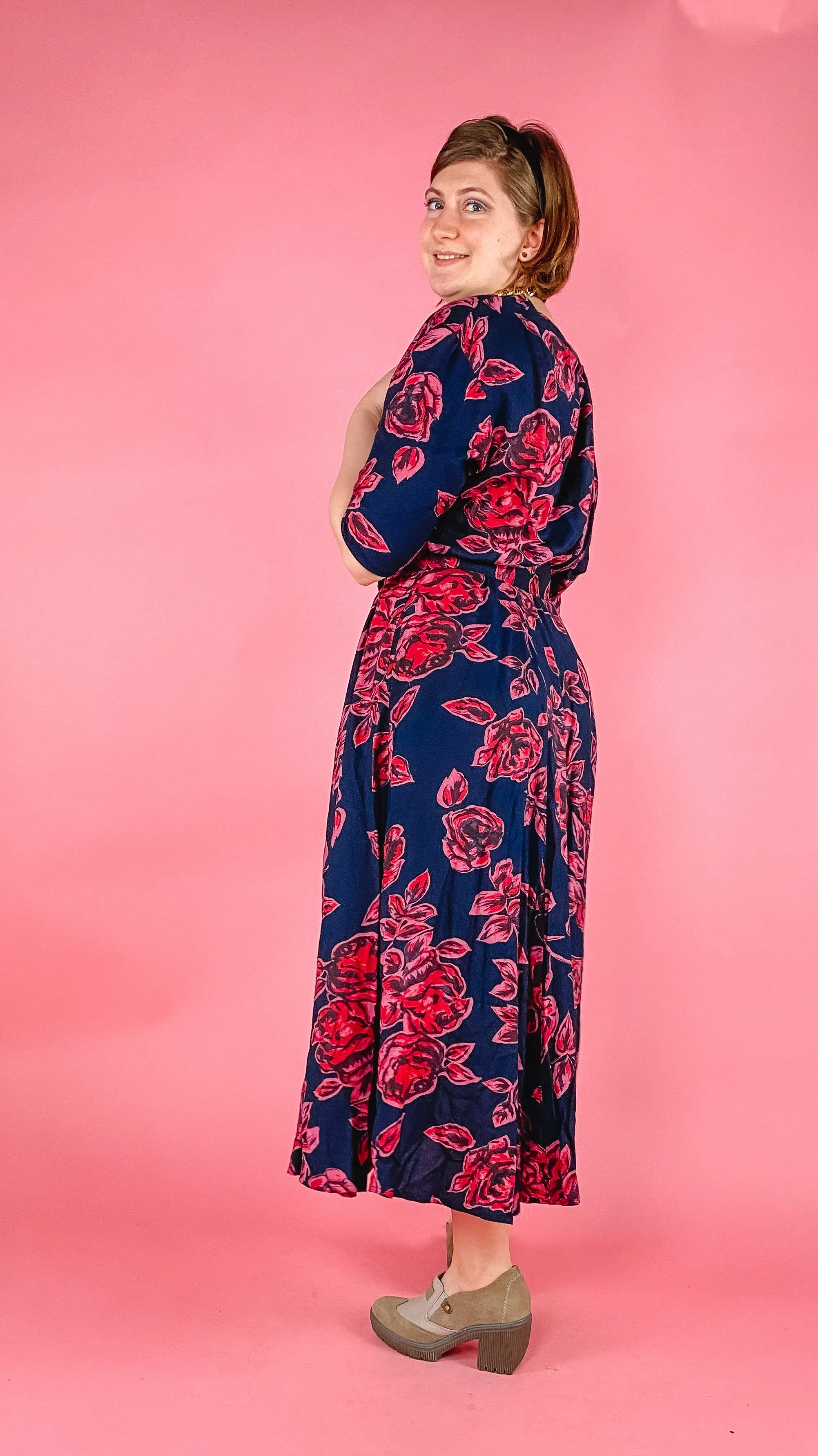 1980s Navy Rose Print Midi Dress, sz. L/XL