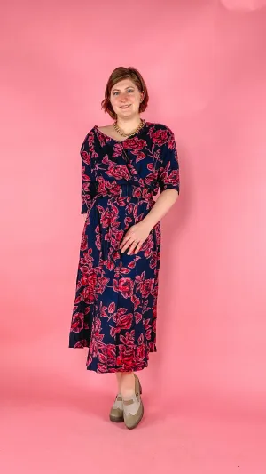 1980s Navy Rose Print Midi Dress, sz. L/XL