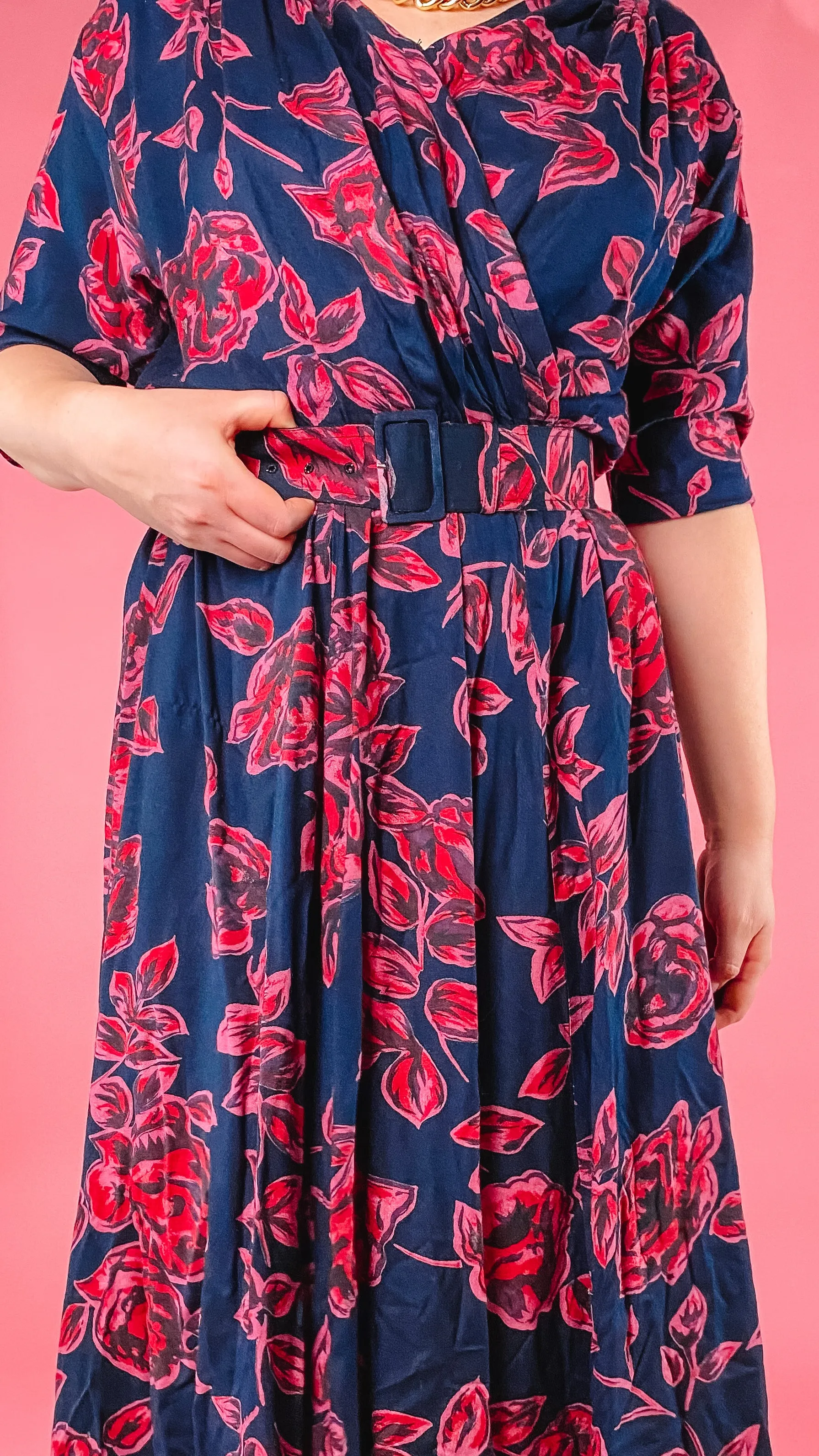 1980s Navy Rose Print Midi Dress, sz. L/XL