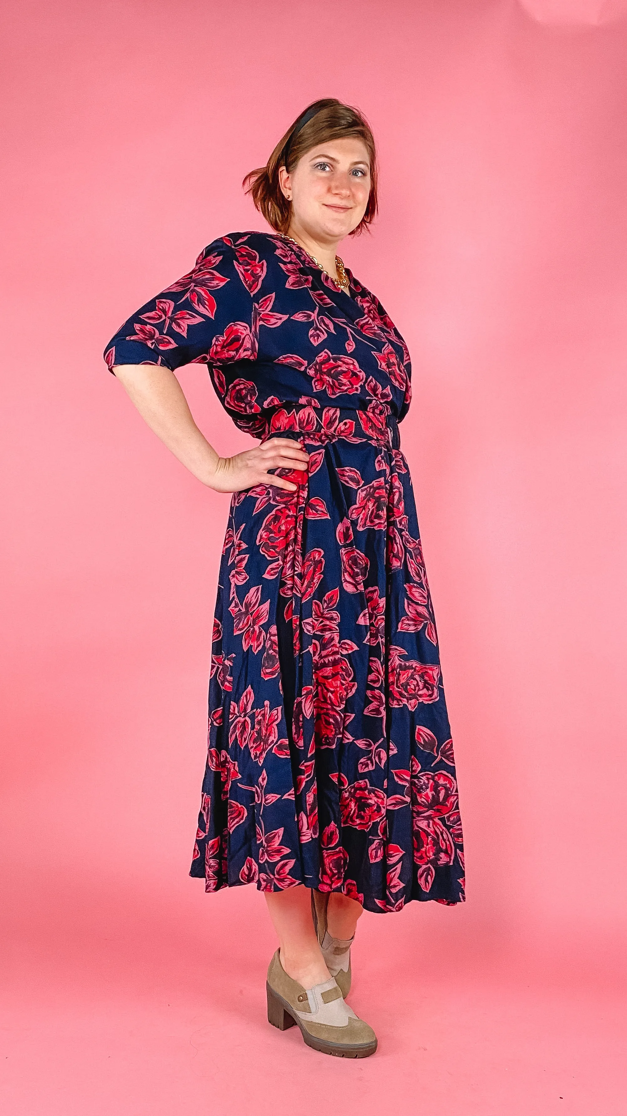 1980s Navy Rose Print Midi Dress, sz. L/XL