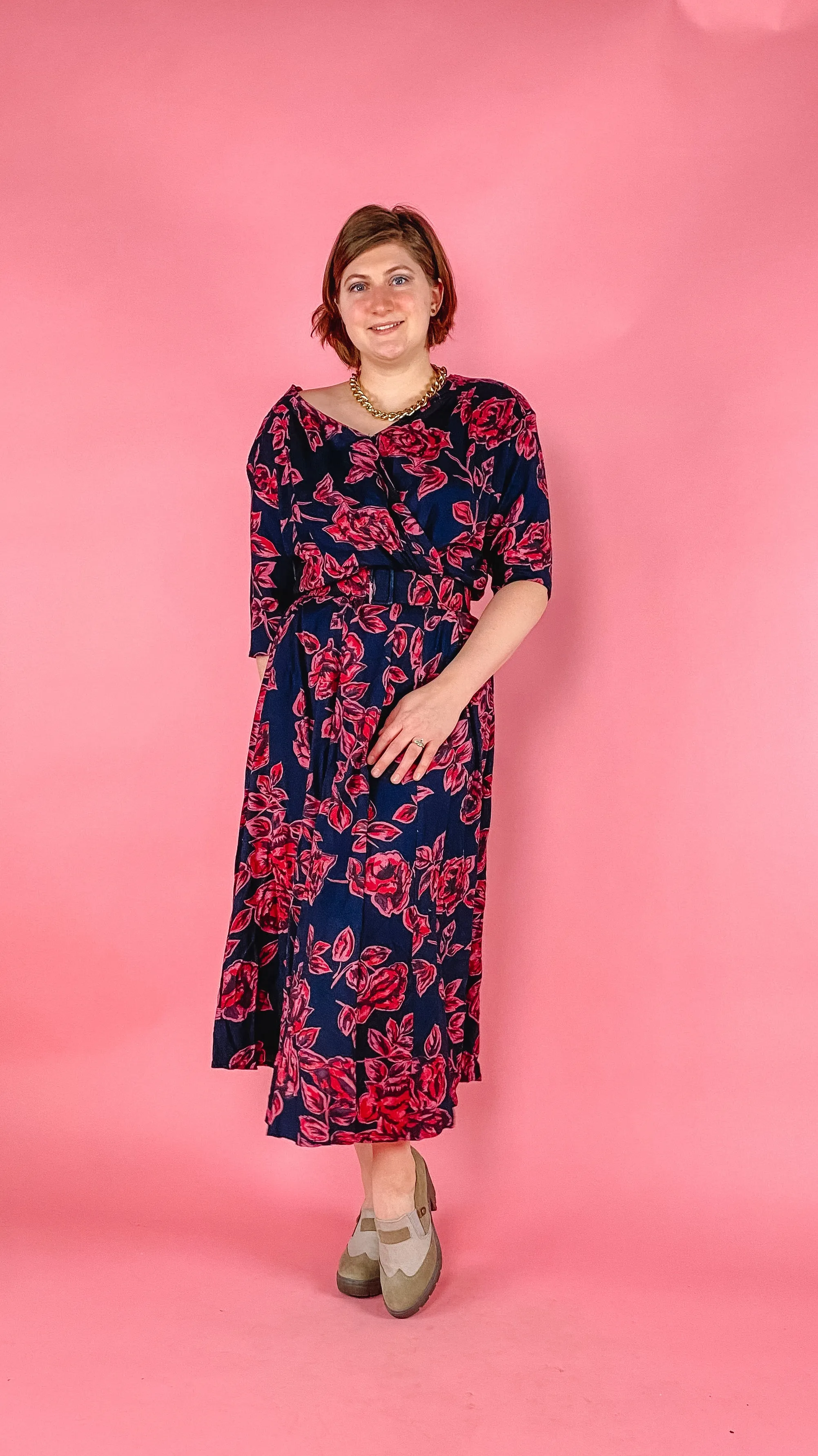 1980s Navy Rose Print Midi Dress, sz. L/XL