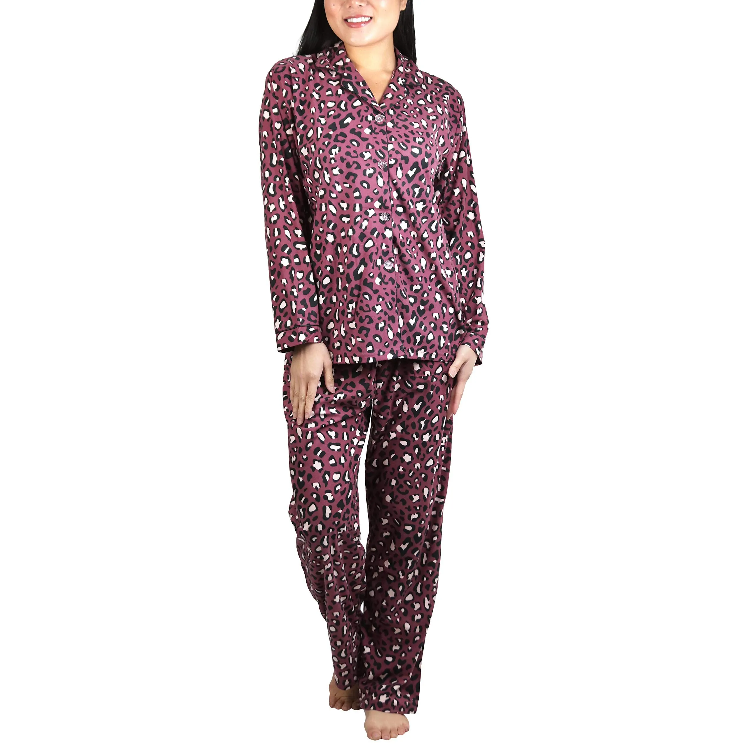 2-Piece Set: ToBeInStyle Women's Long Sleeve Button Down Top and Drawstring Bottom Pajama Set