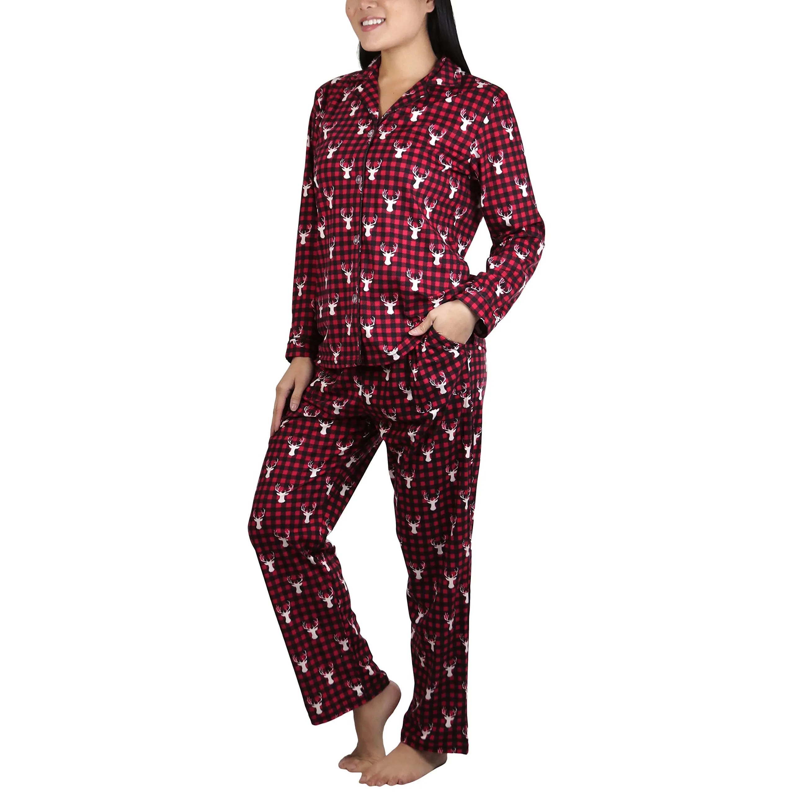 2-Piece Set: ToBeInStyle Women's Long Sleeve Button Down Top and Drawstring Bottom Pajama Set