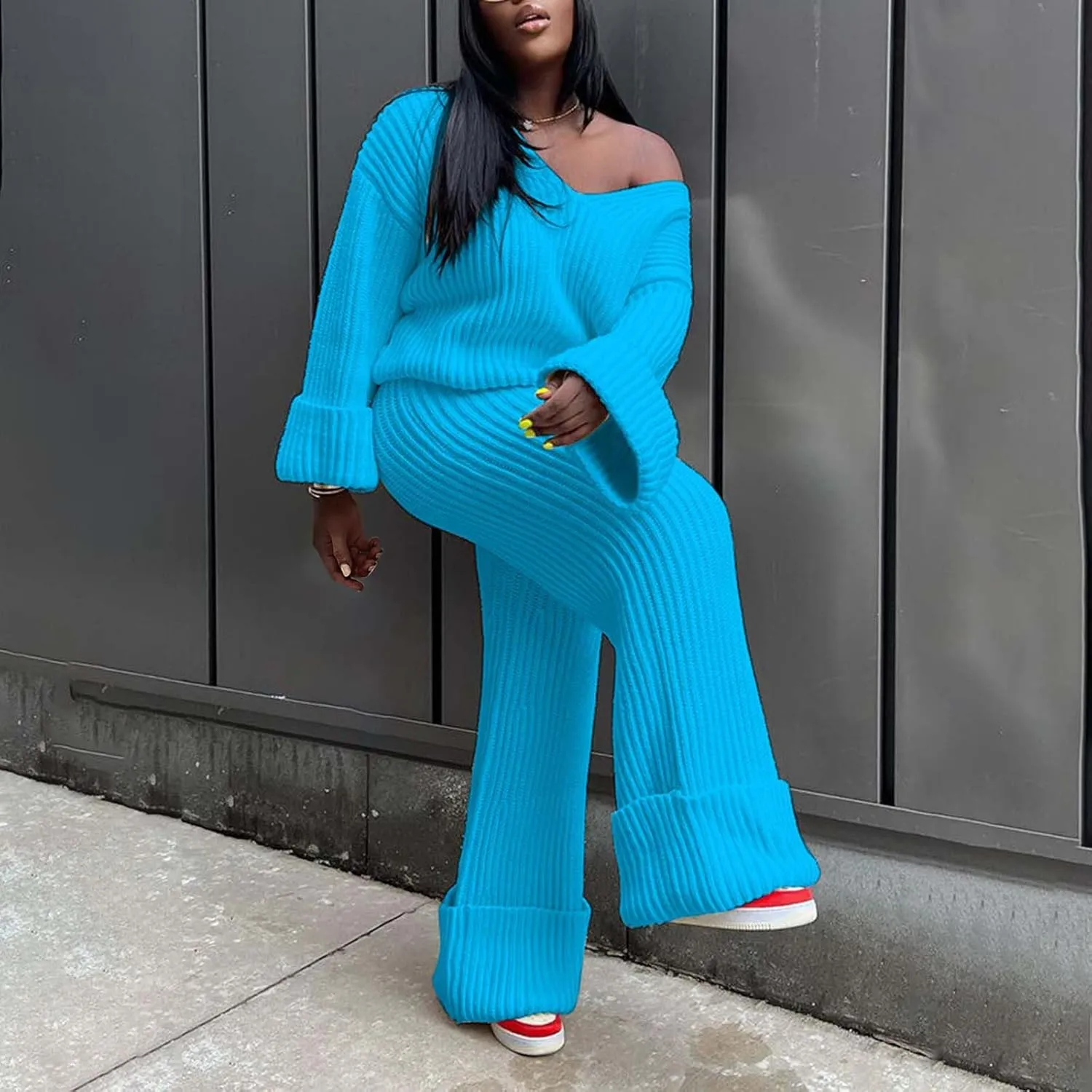2 Piece Sweater Sets for Women Oversized V Neck Long Sleeve Pullover Lounge Suit Outfit Roll-Up Cozy Knit Pants Set