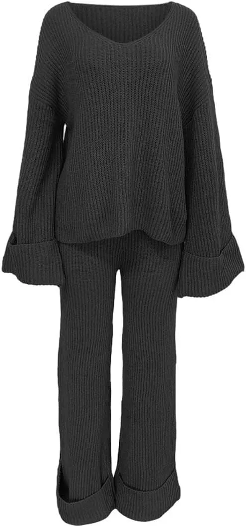 2 Piece Sweater Sets for Women Oversized V Neck Long Sleeve Pullover Lounge Suit Outfit Roll-Up Cozy Knit Pants Set