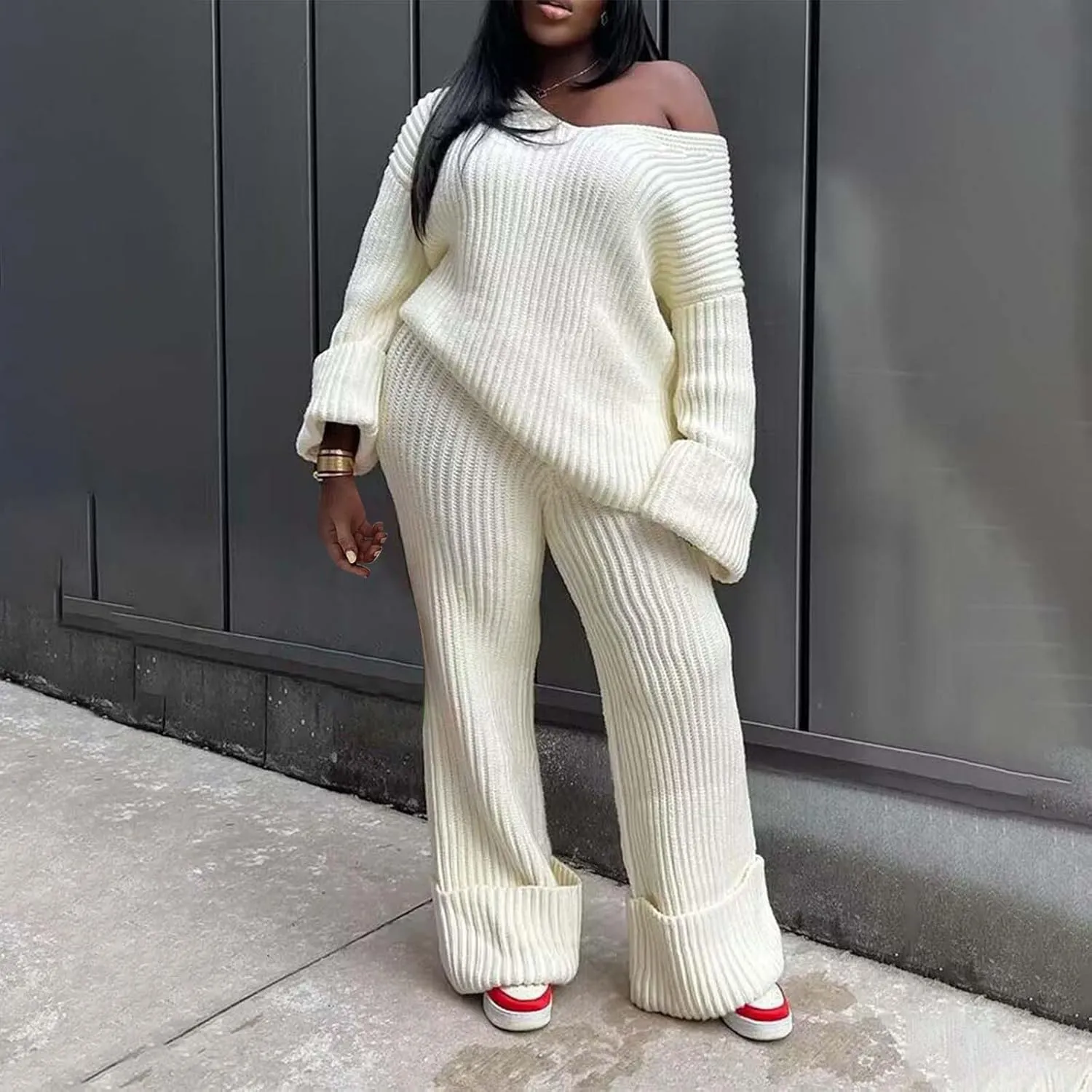 2 Piece Sweater Sets for Women Oversized V Neck Long Sleeve Pullover Lounge Suit Outfit Roll-Up Cozy Knit Pants Set