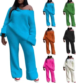 2 Piece Sweater Sets for Women Oversized V Neck Long Sleeve Pullover Lounge Suit Outfit Roll-Up Cozy Knit Pants Set