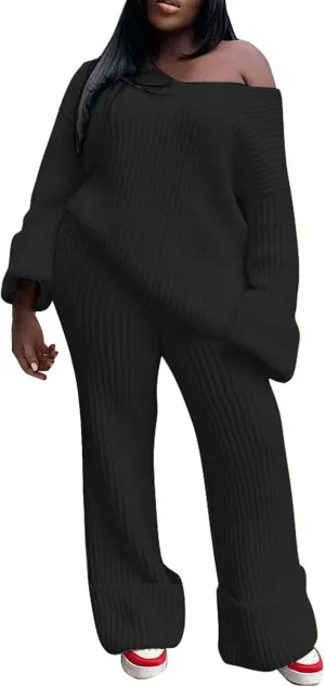 2 Piece Sweater Sets for Women Oversized V Neck Long Sleeve Pullover Lounge Suit Outfit Roll-Up Cozy Knit Pants Set