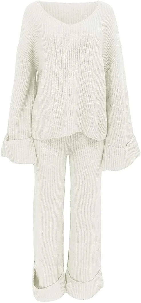 2 Piece Sweater Sets for Women Oversized V Neck Long Sleeve Pullover Lounge Suit Outfit Roll-Up Cozy Knit Pants Set