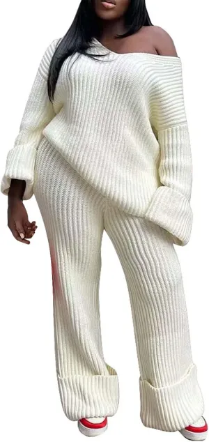 2 Piece Sweater Sets for Women Oversized V Neck Long Sleeve Pullover Lounge Suit Outfit Roll-Up Cozy Knit Pants Set