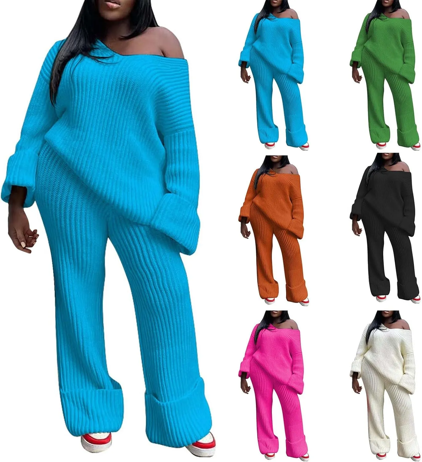 2 Piece Sweater Sets for Women Oversized V Neck Long Sleeve Pullover Lounge Suit Outfit Roll-Up Cozy Knit Pants Set