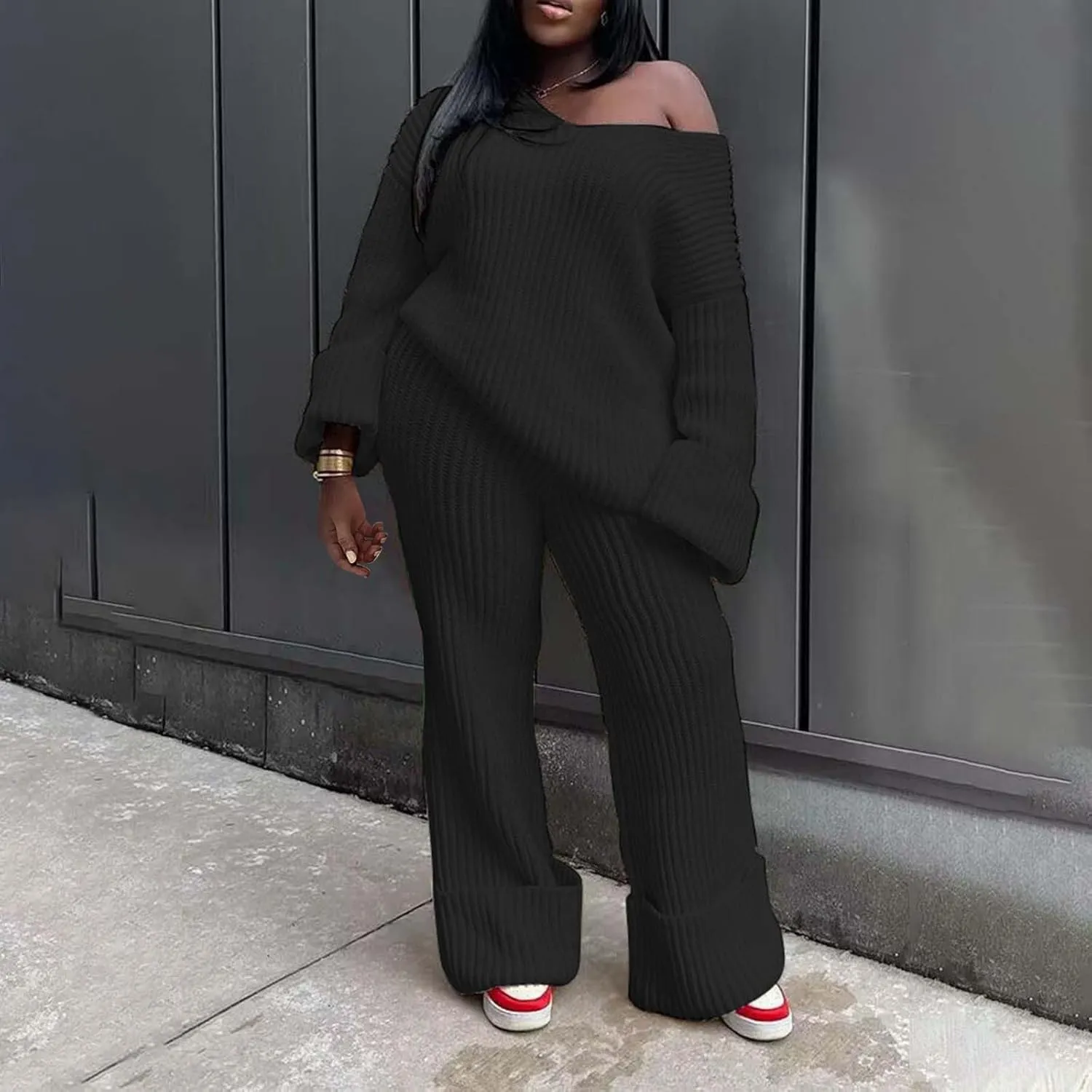 2 Piece Sweater Sets for Women Oversized V Neck Long Sleeve Pullover Lounge Suit Outfit Roll-Up Cozy Knit Pants Set