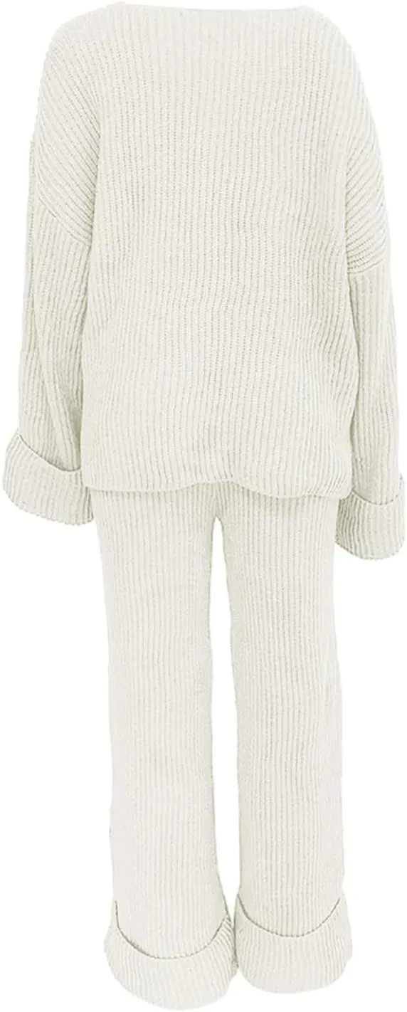 2 Piece Sweater Sets for Women Oversized V Neck Long Sleeve Pullover Lounge Suit Outfit Roll-Up Cozy Knit Pants Set