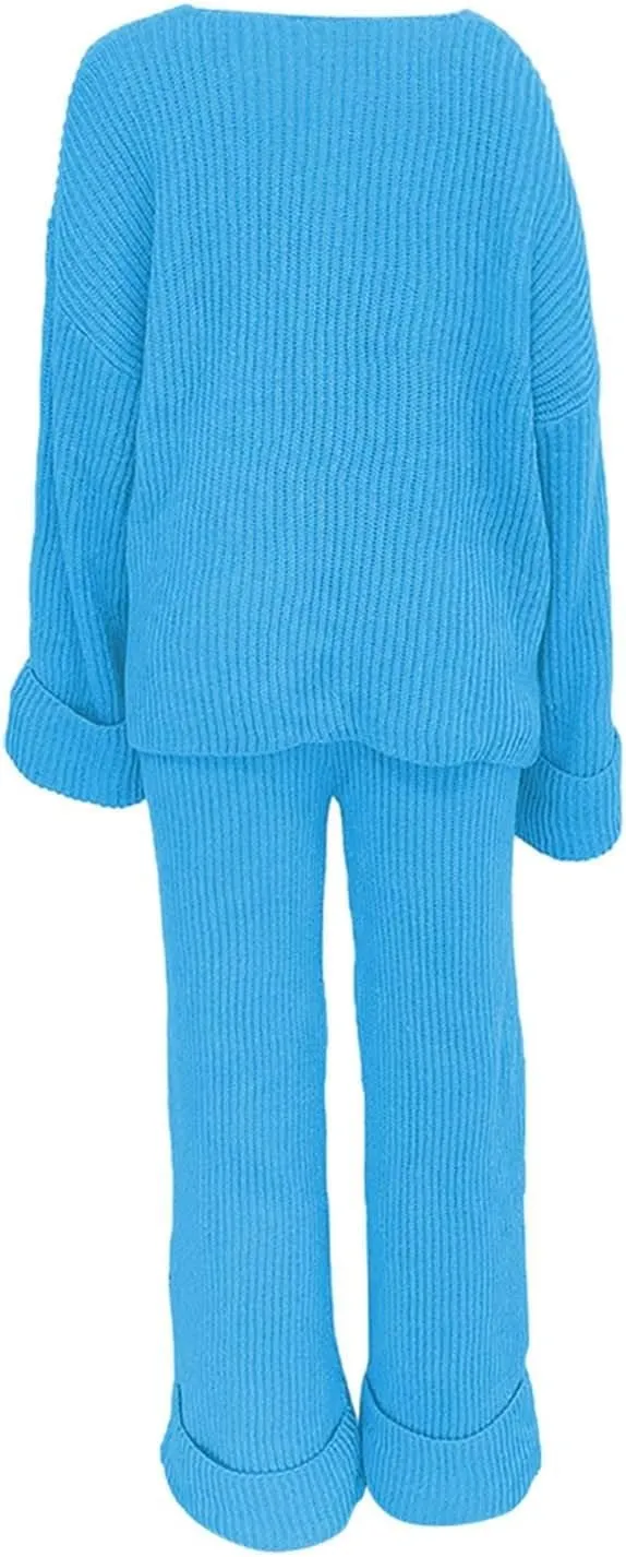 2 Piece Sweater Sets for Women Oversized V Neck Long Sleeve Pullover Lounge Suit Outfit Roll-Up Cozy Knit Pants Set