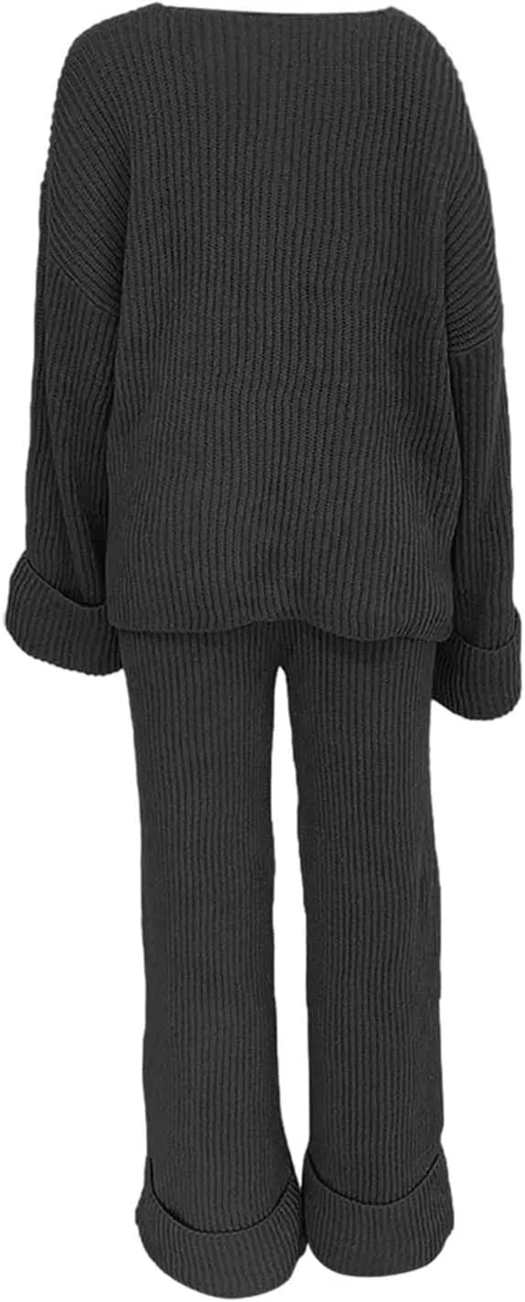 2 Piece Sweater Sets for Women Oversized V Neck Long Sleeve Pullover Lounge Suit Outfit Roll-Up Cozy Knit Pants Set
