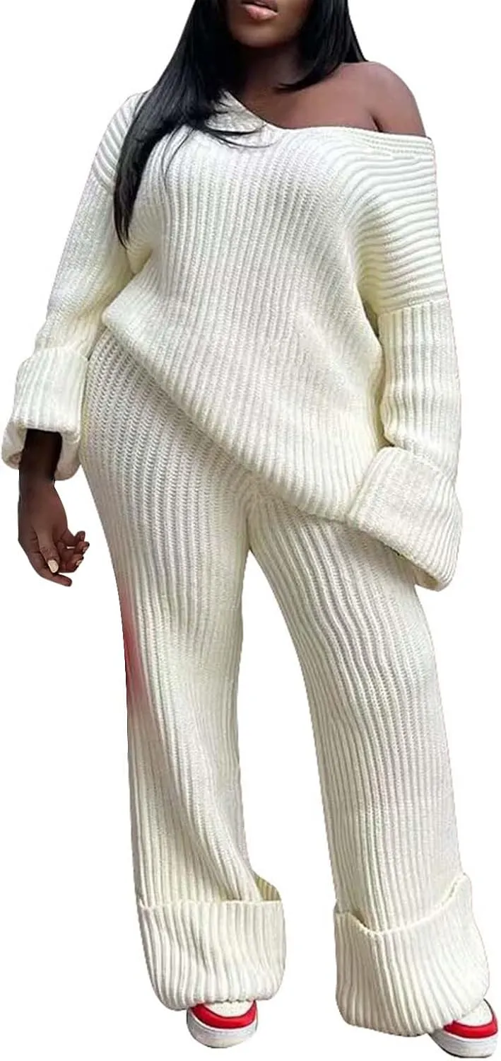 2 Piece Sweater Sets for Women Oversized V Neck Long Sleeve Pullover Lounge Suit Outfit Roll-Up Cozy Knit Pants Set