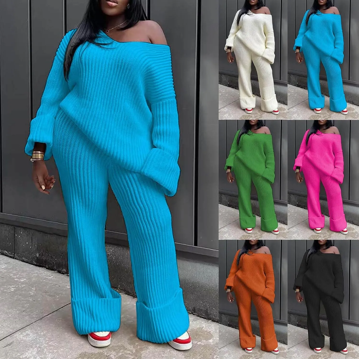 2 Piece Sweater Sets for Women Oversized V Neck Long Sleeve Pullover Lounge Suit Outfit Roll-Up Cozy Knit Pants Set
