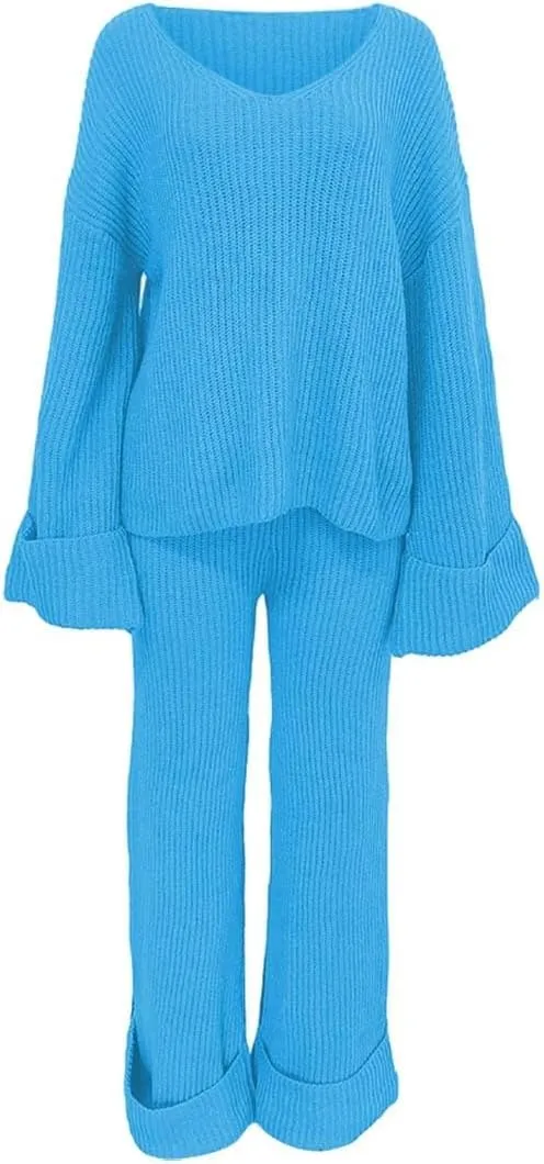 2 Piece Sweater Sets for Women Oversized V Neck Long Sleeve Pullover Lounge Suit Outfit Roll-Up Cozy Knit Pants Set