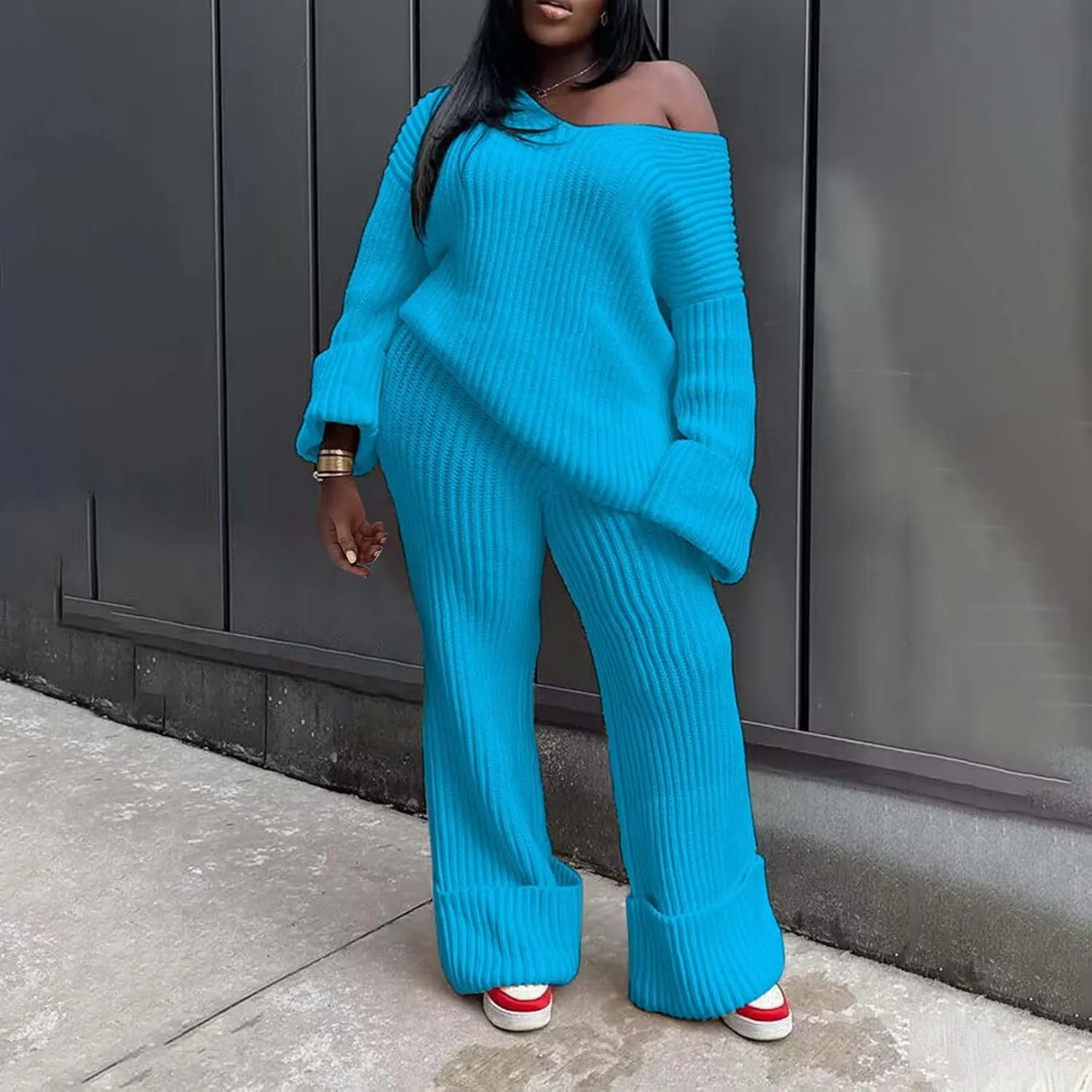 2 Piece Sweater Sets for Women Oversized V Neck Long Sleeve Pullover Lounge Suit Outfit Roll-Up Cozy Knit Pants Set