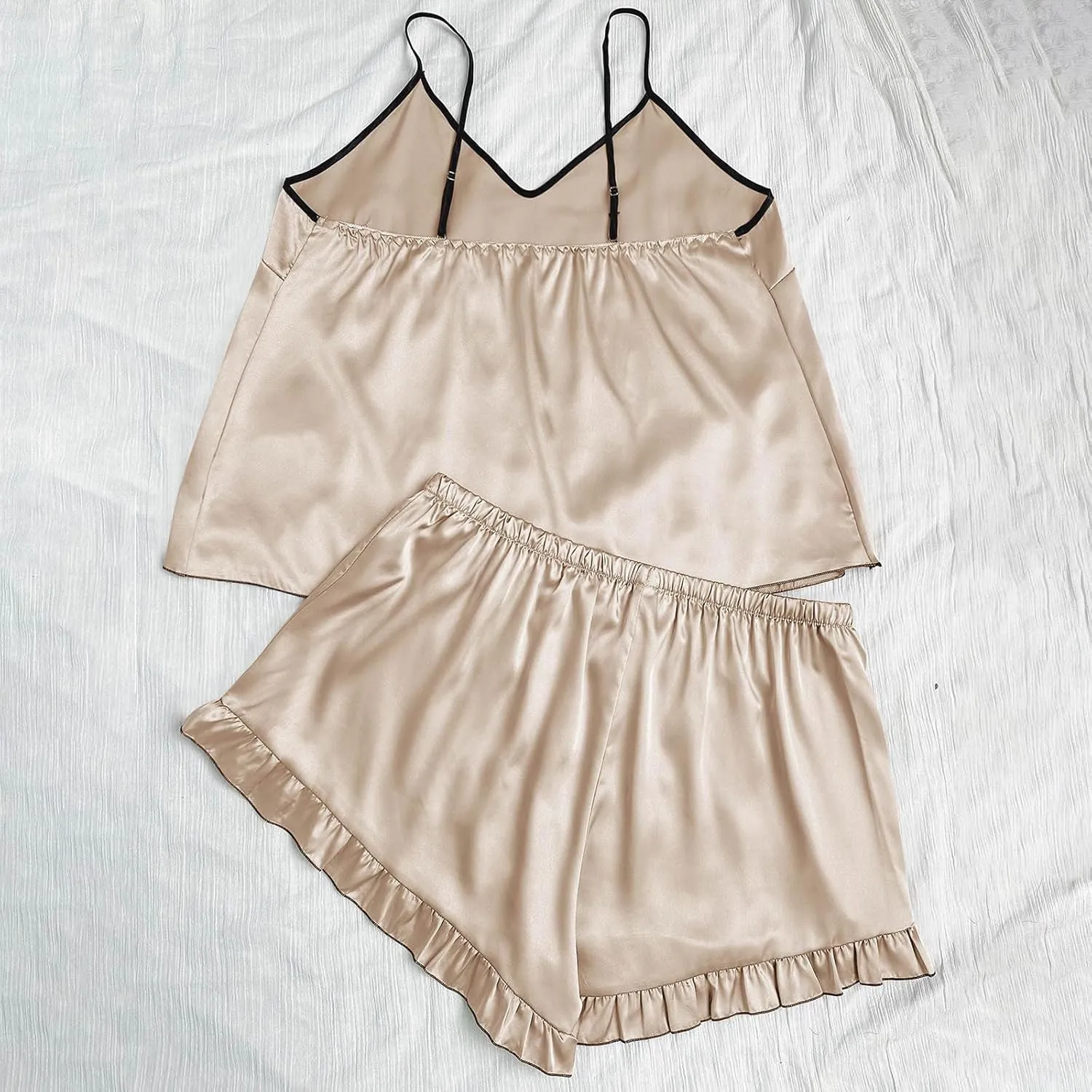 2 Piece Women's Silk Satin Camisole Pajama Sets Plus Size Loose V Neck Sleepwear Cute Ruffle Shorts Summer Pjs Lounge Set