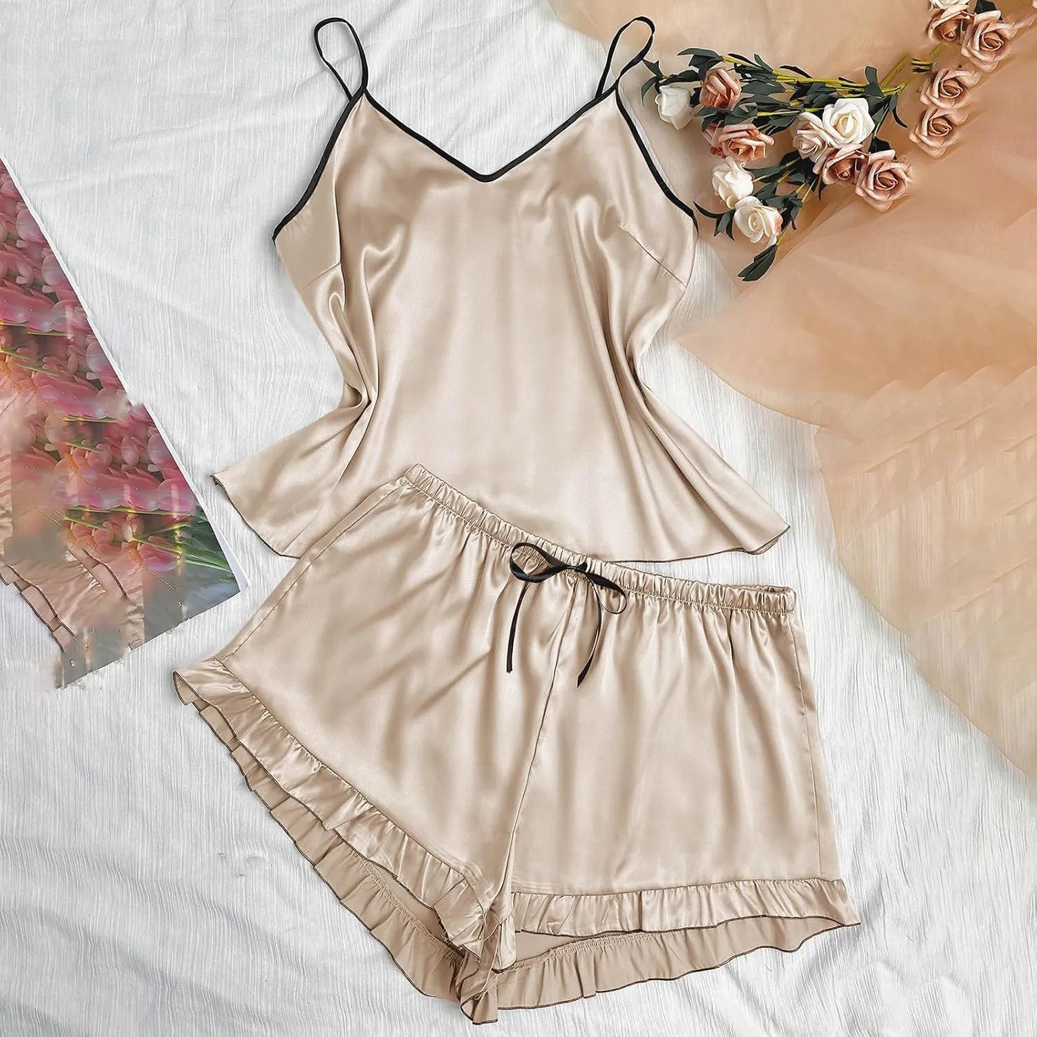 2 Piece Women's Silk Satin Camisole Pajama Sets Plus Size Loose V Neck Sleepwear Cute Ruffle Shorts Summer Pjs Lounge Set