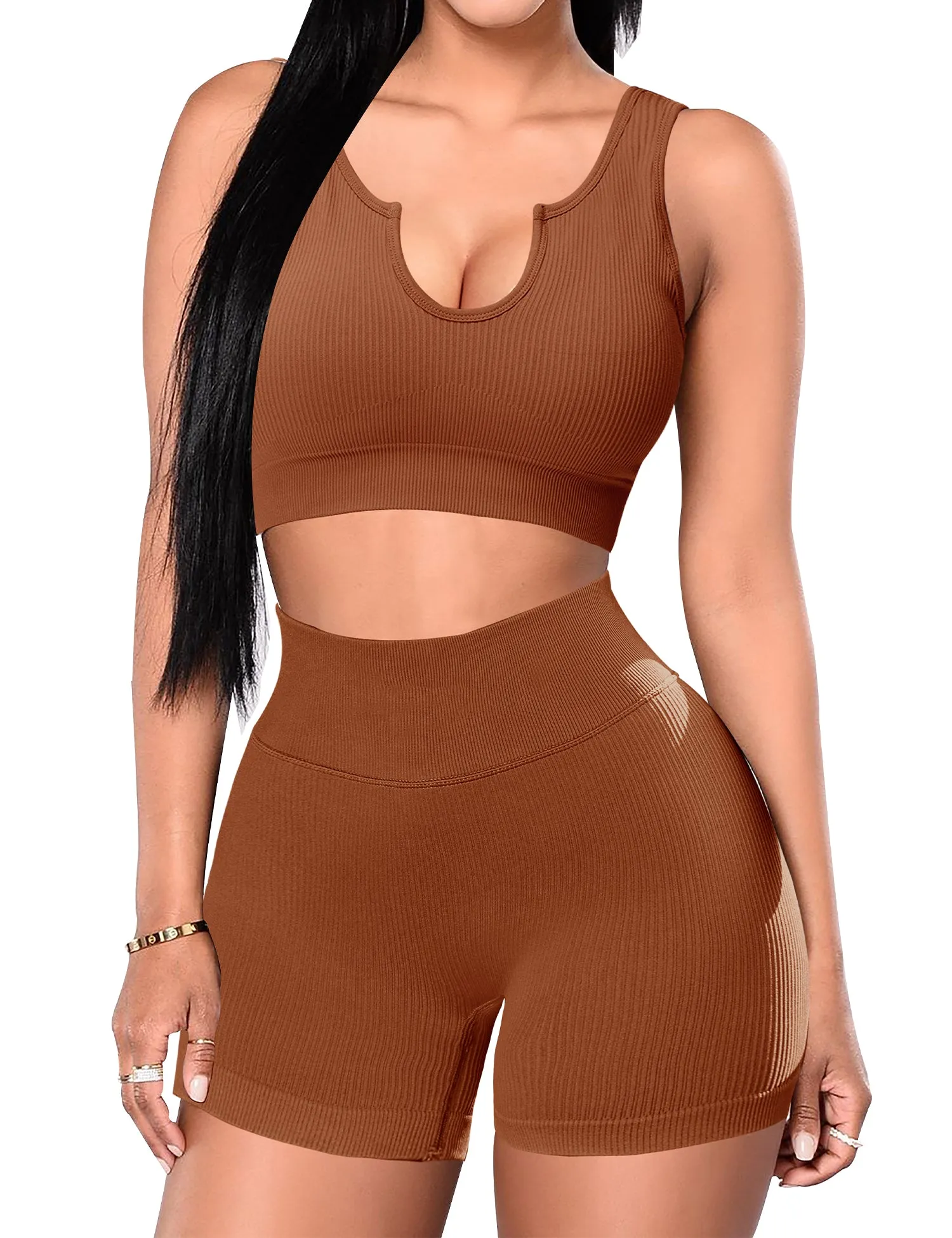 2 Piece Workout  Yoga Outfits Ribbed Sports Bra Gym Shorts