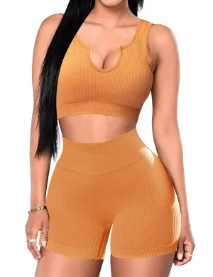 2 Piece Workout  Yoga Outfits Ribbed Sports Bra Gym Shorts