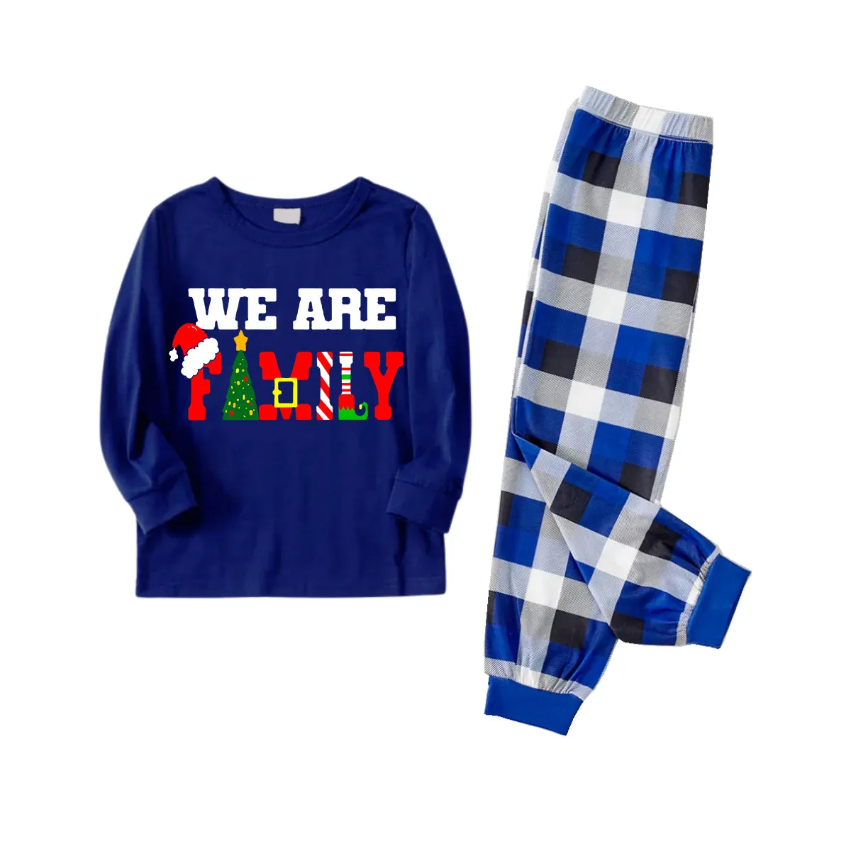 2024 "We Are Family" Christmas Prints Contrast Blue Long Sleeve with Blue and White Plaid Pants Family Matching Pajamas