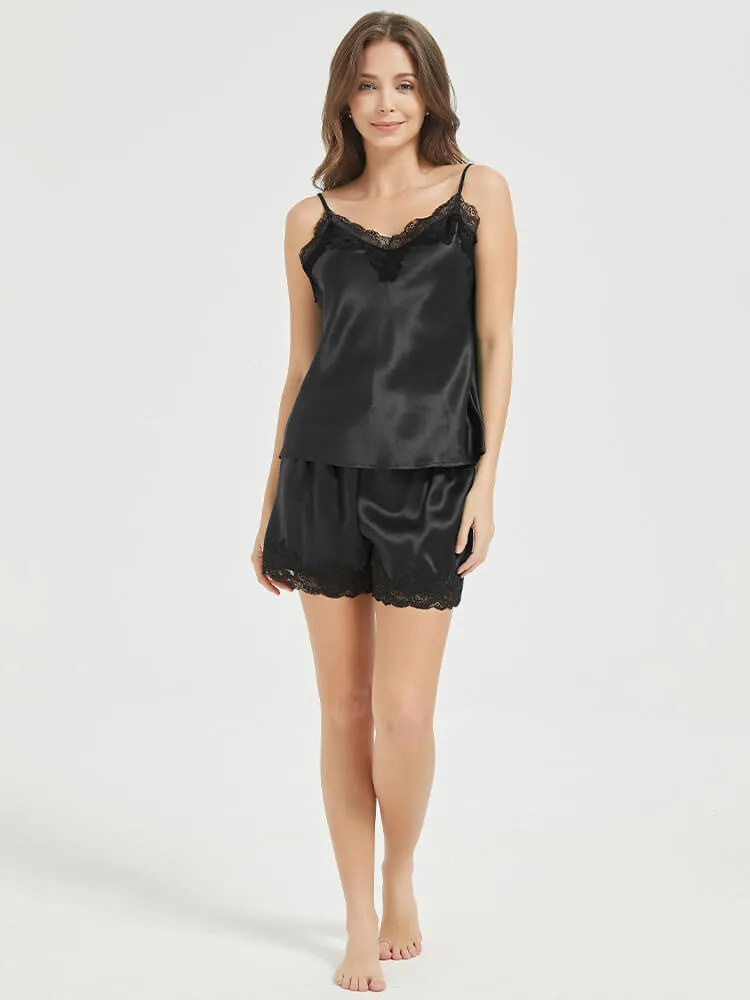 22 Momme Black Lace Silk Camisole Shorts Pajamas Set